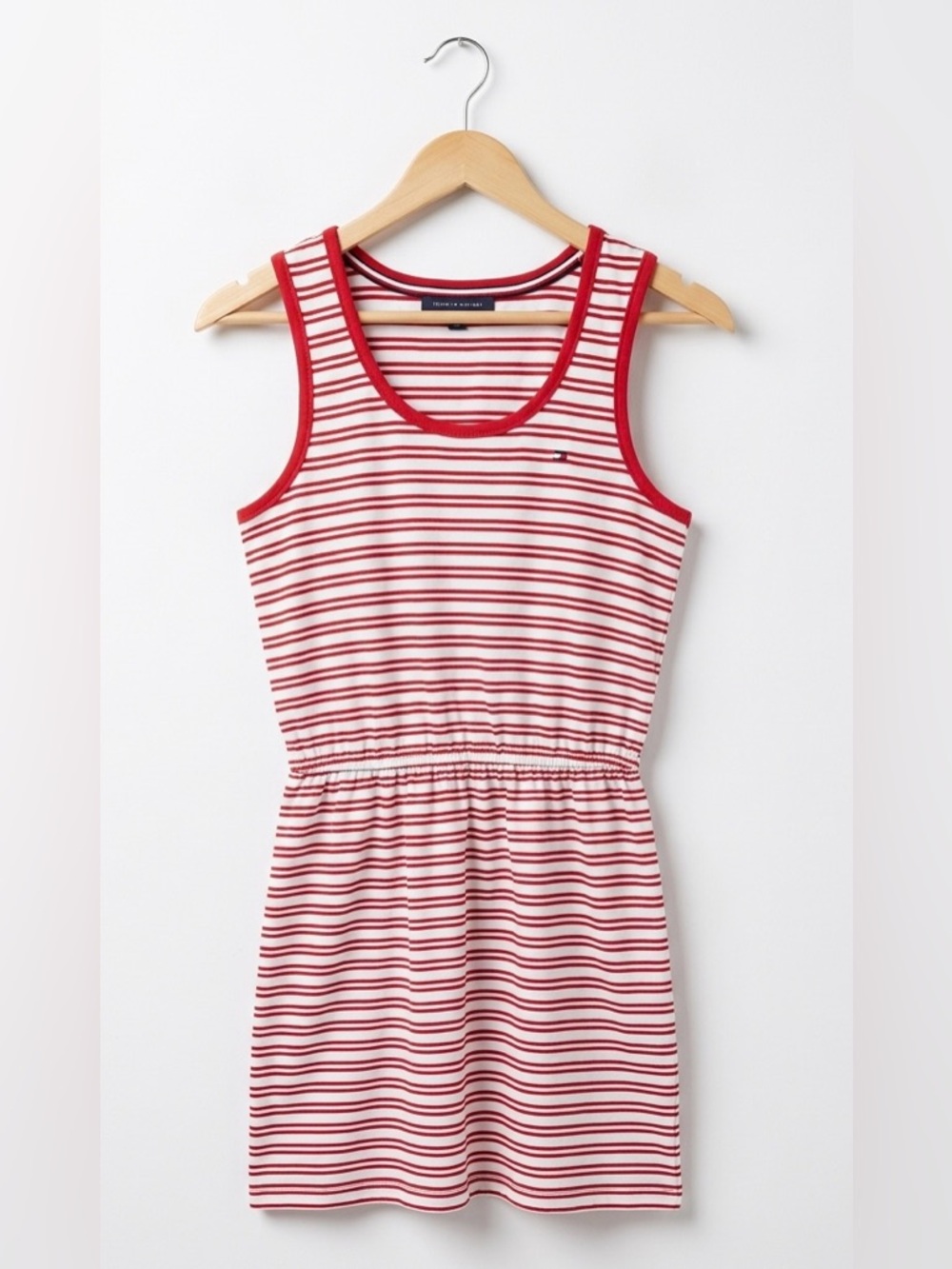 Tommy Hilfiger Red White Striped Sleeveless Scoop Neck Flowy Mini A-Line Dress